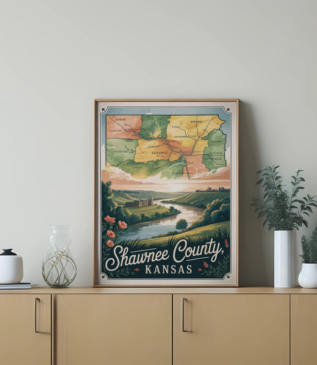 Framed map of Shawnee County, Kansas with colorful topographical details.