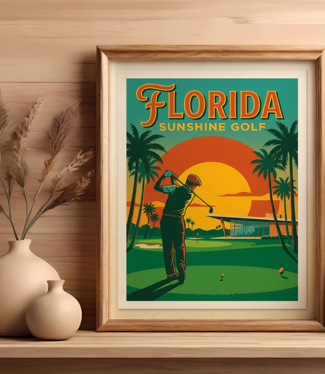 Framed Florida Sunshine Golf vintage travel poster with a golfer at sunset.