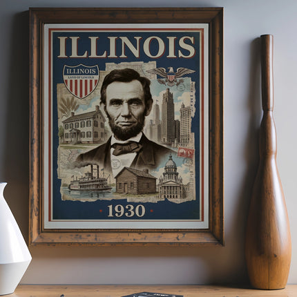 Vintage Illinois poster with Abraham Lincoln and state landmarks, dated 1930.