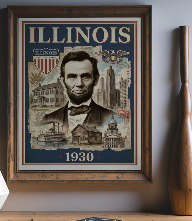 Vintage Illinois poster with Abraham Lincoln and state landmarks, dated 1930.