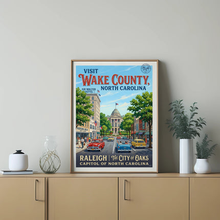 Vintage poster for Wake County, North Carolina, showing Raleigh buildings and streets.