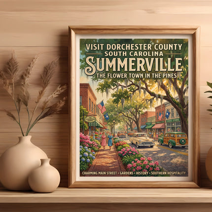Summerville, South Carolina travel poster featuring a charming main street scene.