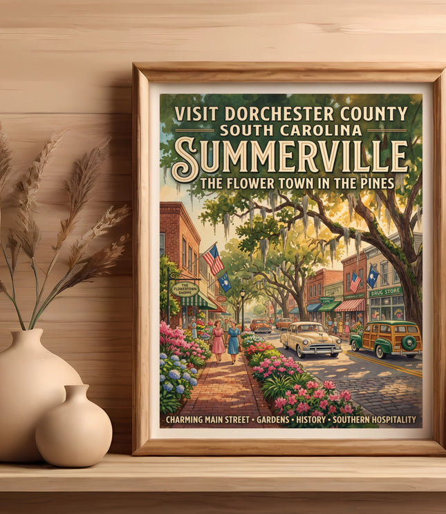 Summerville, South Carolina travel poster featuring a charming main street scene.