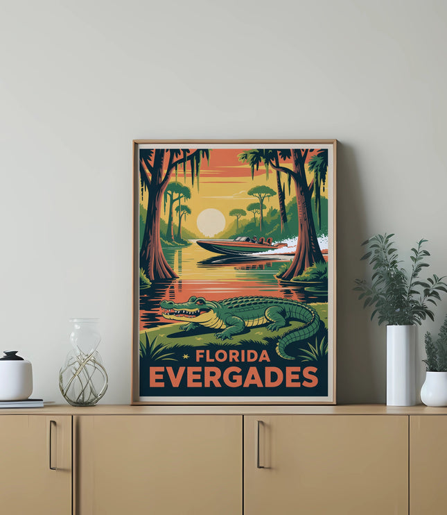 Vintage Florida Everglades poster with alligator, swamp, sunset, and boat.