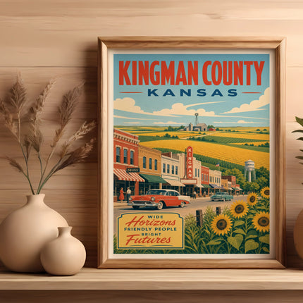 Vintage travel poster for Kingman County, Kansas, featuring a street scene and sunflowers.