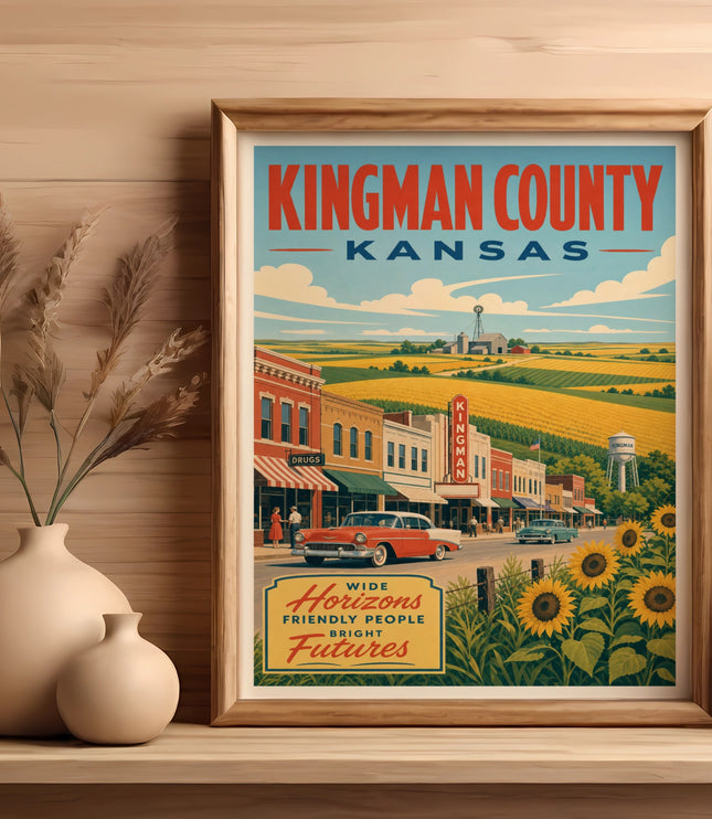 Vintage travel poster for Kingman County, Kansas, featuring a street scene and sunflowers.