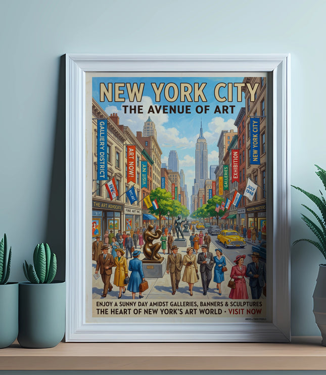 Vintage New York City art district poster with text about galleries and sculptures.