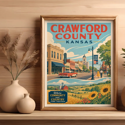 Crawford County Kansas vintage travel poster with buildings, car, sunflowers, and rolling hills.