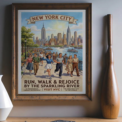 New York City poster: people run and walk by sparkling river, promoting the city.