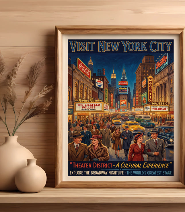 Vintage New York City theater district poster with car traffic and crowds.