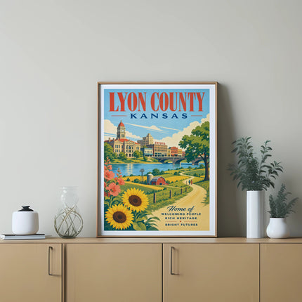 Lyon County Kansas poster with sunflowers, buildings, and text.