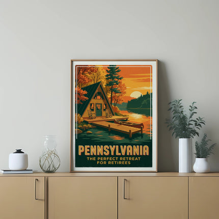 Pennsylvania retreat poster with cabin, canoe, and lake at sunset.