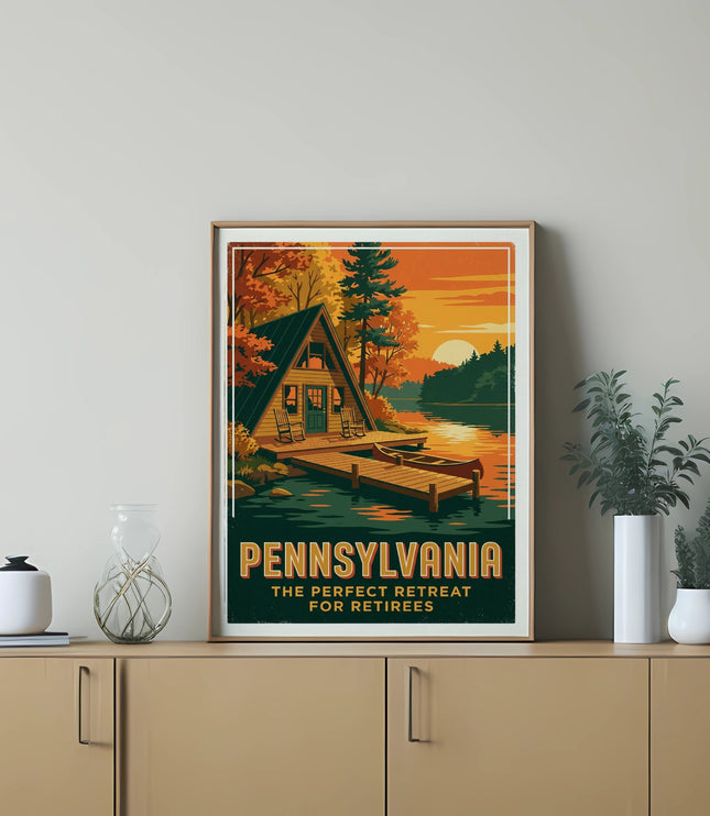 Pennsylvania retreat poster with cabin, canoe, and lake at sunset.