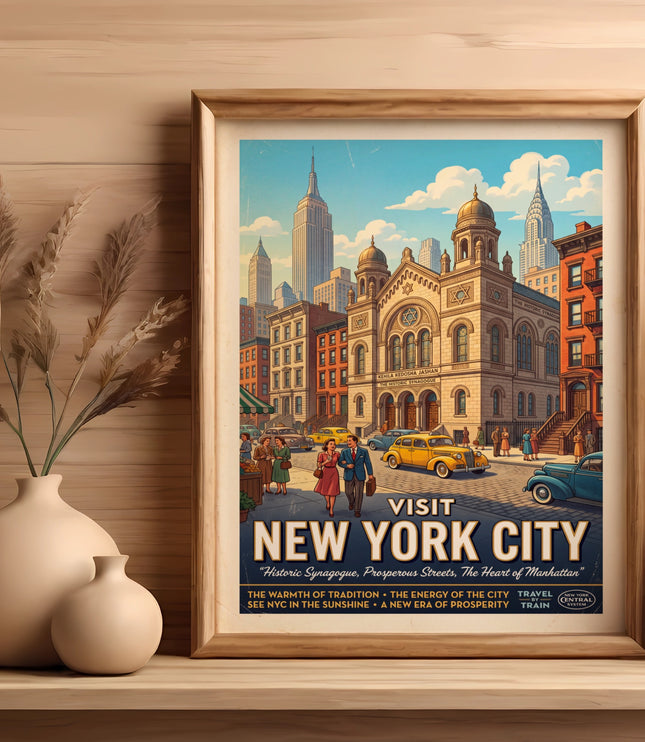 New York City vintage travel poster with historic synagogue and skyscrapers.