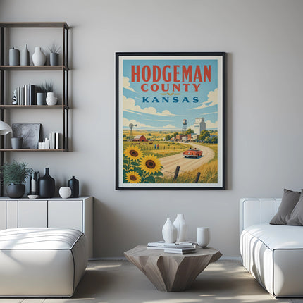 Hodgeman County Kansas poster with sunflowers, farm, and red car.