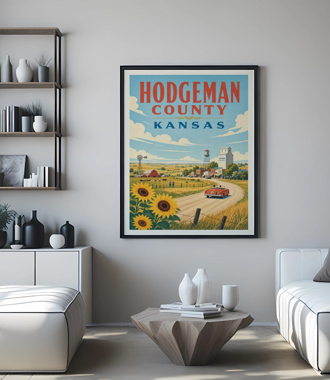 Hodgeman County Kansas poster with sunflowers, farm, and red car.