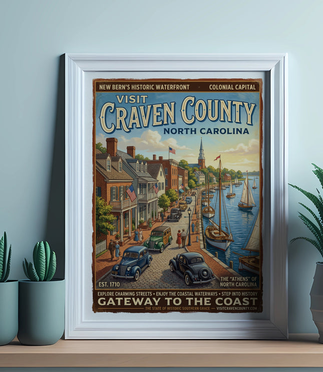 Vintage poster for Craven County, North Carolina, depicting historic waterfront with boats and cars.