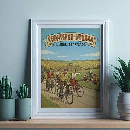 Vintage poster of people cycling through Champaign-Urbana's Illinois heartland.