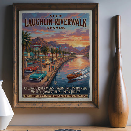 Vintage style poster of Laughlin Riverwalk, Nevada, featuring casinos, vintage cars, and a sunset on the Colorado River.