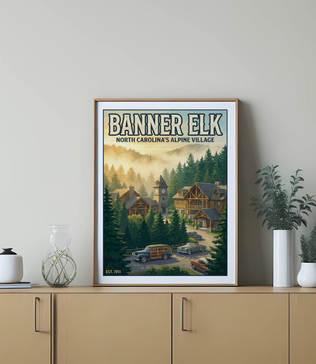 Banner Elk North Carolina's Alpine Village vintage travel poster with classic cars.