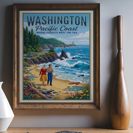 Washington Pacific Coast poster with couple walking on beach and lighthouse.
