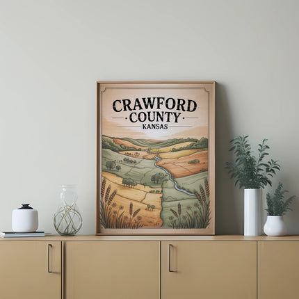 Framed map of Crawford County, Kansas, featuring a scenic landscape illustration.