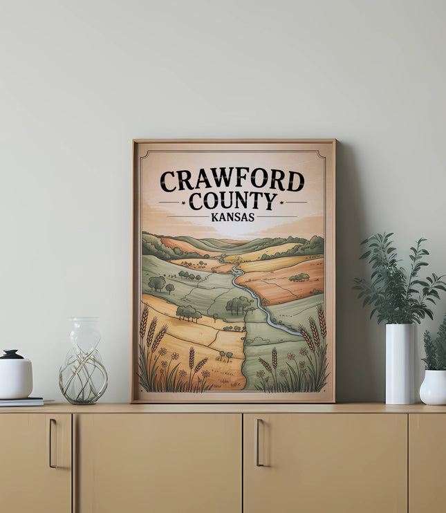 Framed map of Crawford County, Kansas, featuring a scenic landscape illustration.