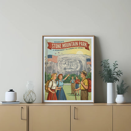 Vintage Georgia Stone Mountain Park poster with American flags and people.