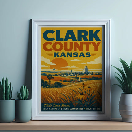 Vintage Clark County Kansas travel poster with rural landscape.