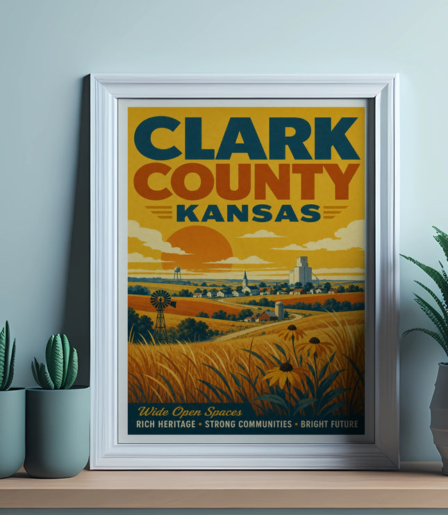 Vintage Clark County Kansas travel poster with rural landscape.