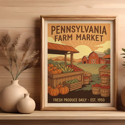 Framed "Pennsylvania Farm Market" sign with pumpkins and produce.
