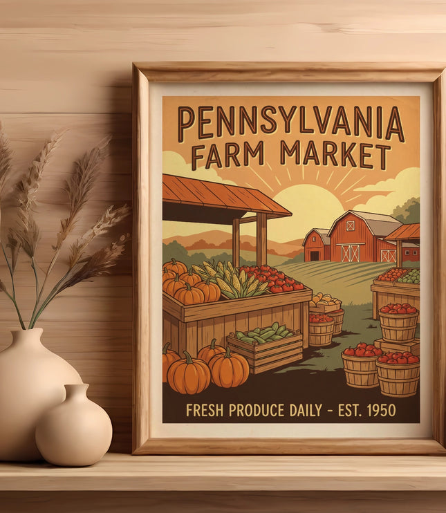 Framed "Pennsylvania Farm Market" sign with pumpkins and produce.