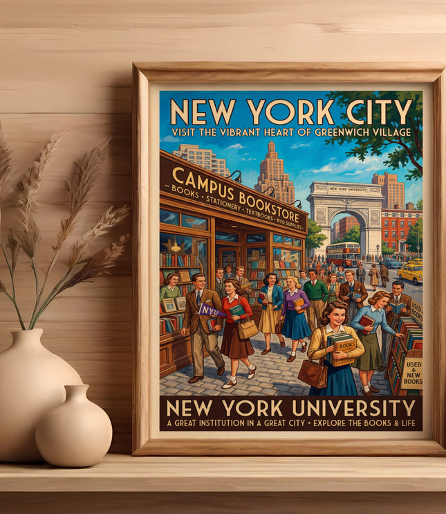 New York City vintage poster featuring Greenwich Village and New York University bookstore.