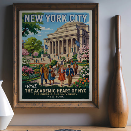Vintage travel poster for "New York City" featuring the library and students.