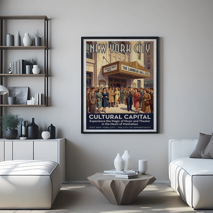 New York City Cultural Capital poster featuring Carnegie Hall, with people.