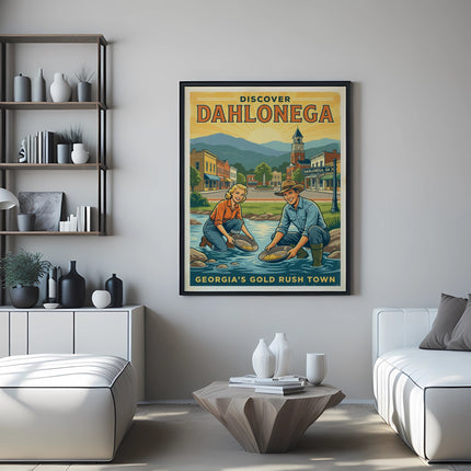 Poster of gold prospectors in Dahlonega, Georgia, with text "Discover Dahlonega".