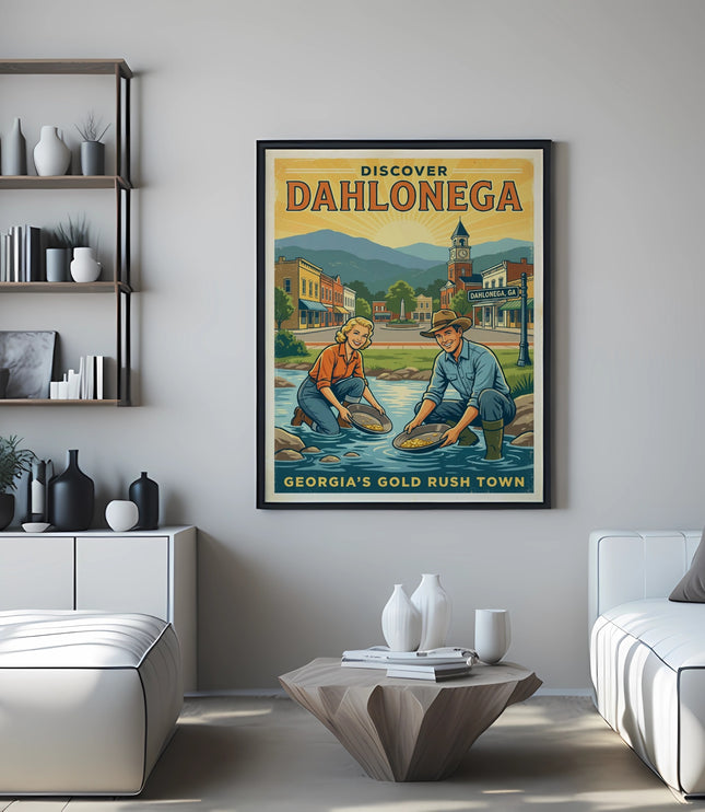 Poster of gold prospectors in Dahlonega, Georgia, with text "Discover Dahlonega".