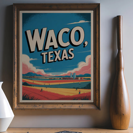 Waco, Texas vintage travel poster with colorful fields and silos.