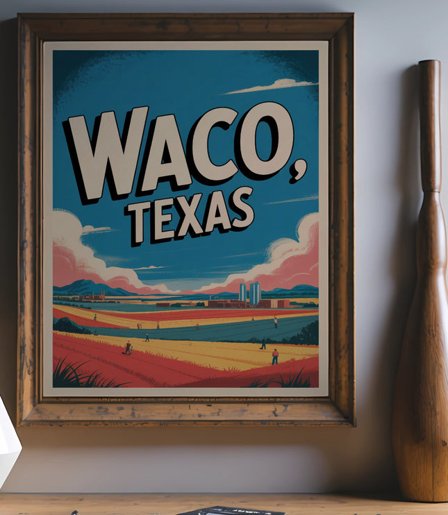 Waco, Texas vintage travel poster with colorful fields and silos.