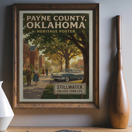 Payne County Oklahoma heritage poster featuring Stillwater, college-town life scene.