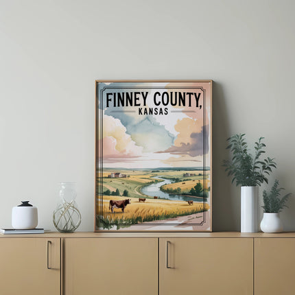 Finney County, Kansas landscape art featuring cows and a river.
