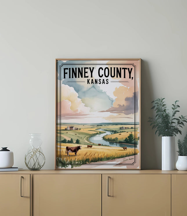 Finney County, Kansas landscape art featuring cows and a river.