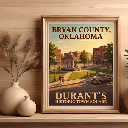 Poster of Bryan County, Oklahoma, Durant's Historic Town Square with vintage truck and people.