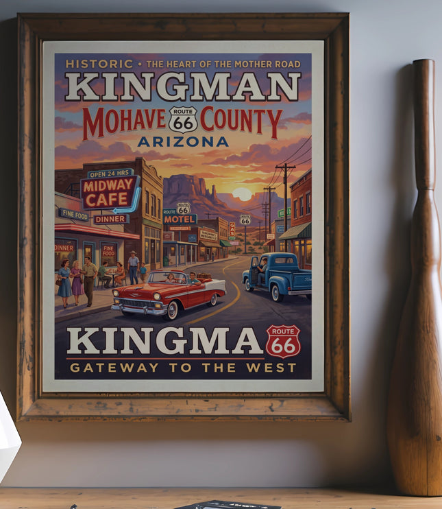 Vintage Route 66 poster depicting Kingman, Arizona with a classic car.