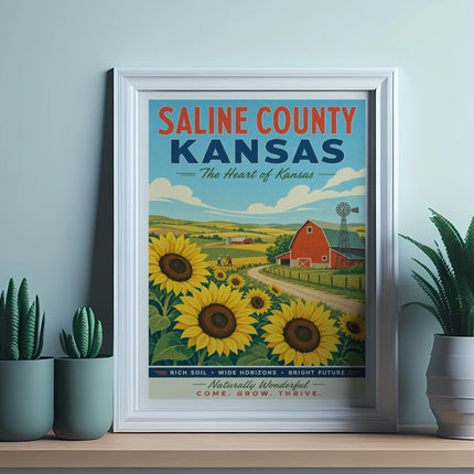 Saline County Kansas vintage travel poster with sunflowers, farm, and text.