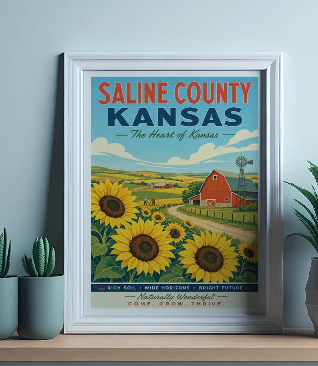 Saline County Kansas vintage travel poster with sunflowers, farm, and text.