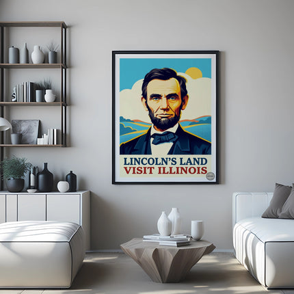 Poster of Abraham Lincoln with "Lincoln's Land Visit Illinois" text.