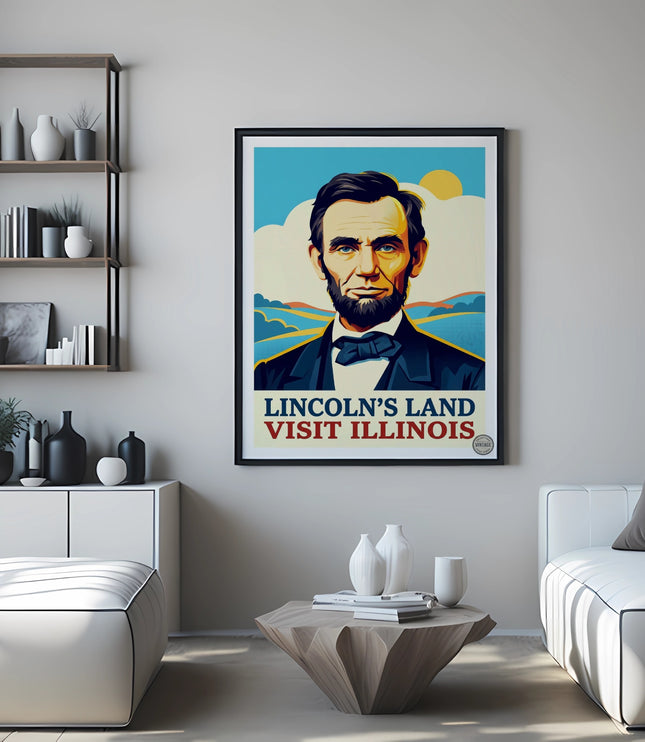 Poster of Abraham Lincoln with "Lincoln's Land Visit Illinois" text.