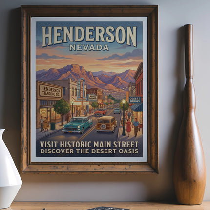 Vintage poster of Henderson, Nevada main street with historic cars and mountains.