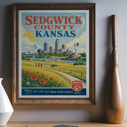 Sedgwick County, Kansas vintage travel poster with city skyline and text.